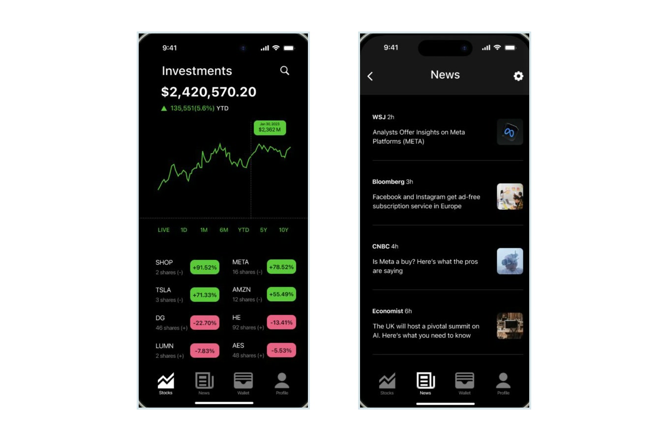 Finance App investment and market-news screens